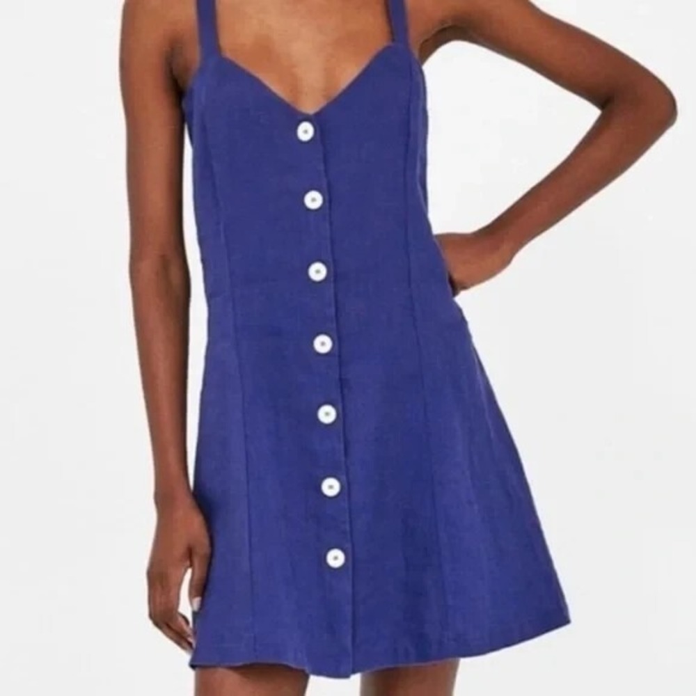 Zara Mini Dress Womens M Blue 100% Linen Button Front Sleeveless Sundress V Neck